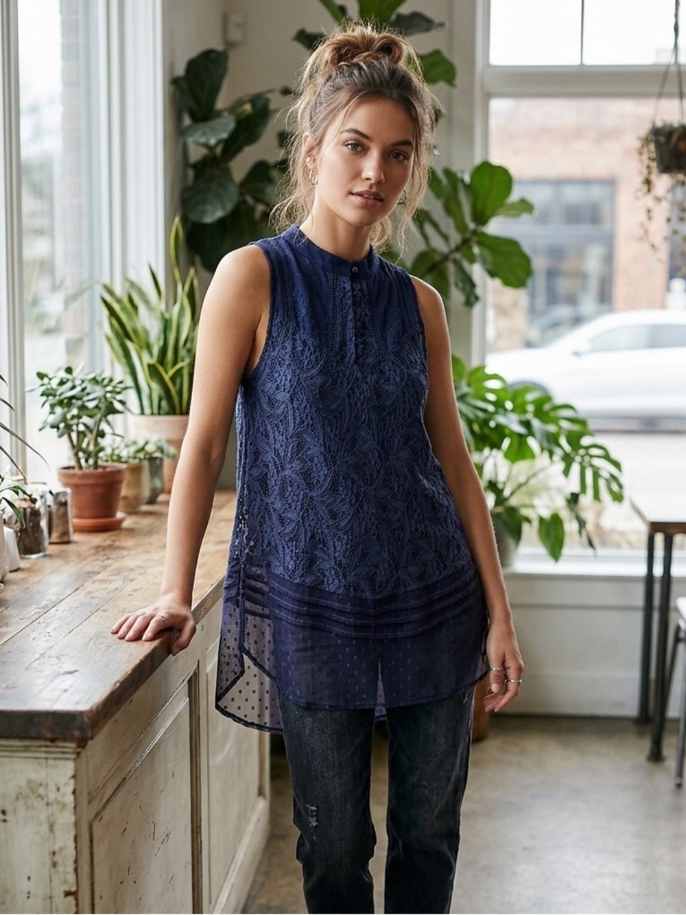 Free People Blue Lace Sleeveless Blouse with Mandarin Collar